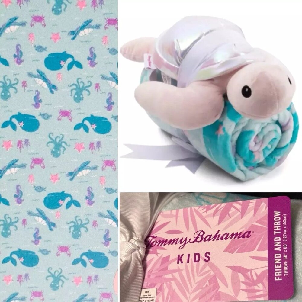 Tommy Bahama Pink Sea Turtle Plush Stuffed Animal Throw Blanket Set Ocean Kids